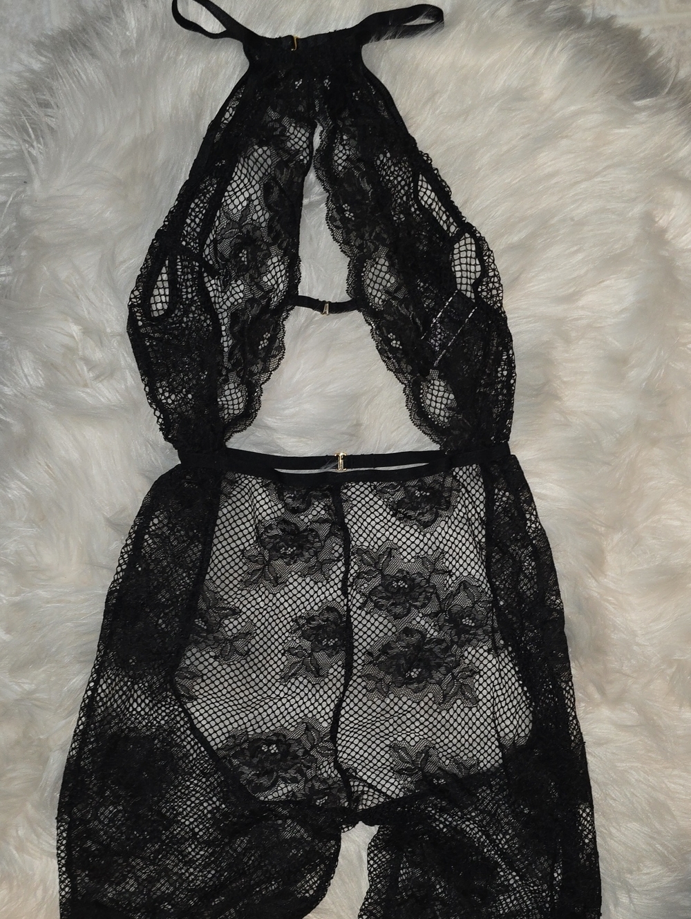 Victoria's Secret Black Floral Lace Fishnet Halter Bodystocking SIZE S